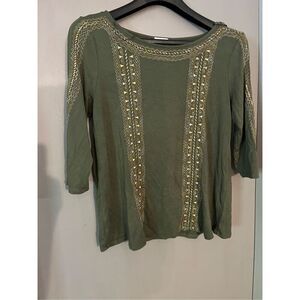 Westport Women's Embroidered Top Blouse 3/4 Cutout sleeves Olive green top size